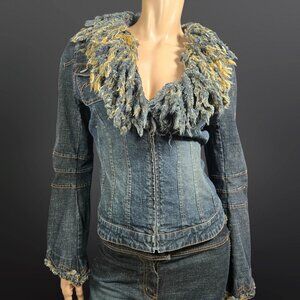 Vintage Y2K Parasuco Fringed Denim Jean Jacket Size M Boho Grunge Zip Up